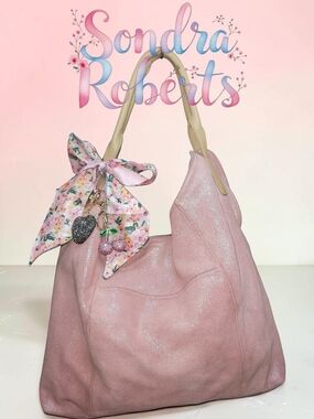 Sondra Roberts Pink Metallic Glitter Suede Hobo Bag with Floral Scarf Accent EUC